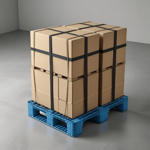 Un pallet azzurro con sopra 4 cartoni reggiati