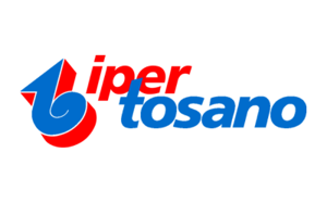 Logo di Iper Tosano. Un'icona astratta blu e rossa a forma di freccia o stilizzazione della lettera 'i' è seguita dalle parole