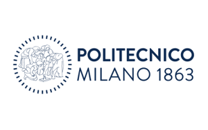 Logo del Politecnico di Milano. A sinistra, un'illustrazione circolare stilizzata in blu ispirata ad un dettaglio del dipinto