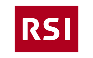 Logo dell'emittente svizzera. Su sfondo rosso campeggia la scritta bianca 'RSI'